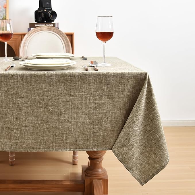 Fitable Faux Linen Table Clothes Rectangle 60 x 102 Inch - 2 Pack Khaki Tablecloths for 6 Foot Tables, Faux Burlap Kitchen Table Covers for Dining, Party, Farmhouse, Banquet, Buffet