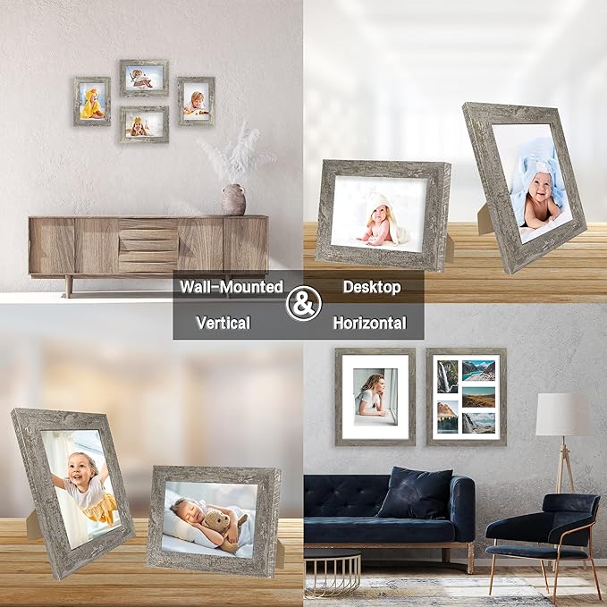 4x6 Picture Frame set of 4, High Definition Glass Distressed Moss Green Frame, 4 x 6 Wood Photo Frames for Desktop Display and Wall Mounting