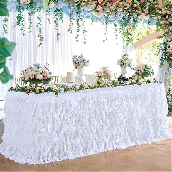Partisky White Tulle Curly Willow Table Skirt for Rectangle Table 17ft, Ruffle Tutu Table Cloth for Wedding,Bridal Shower, Baby Shower,Birthday Party