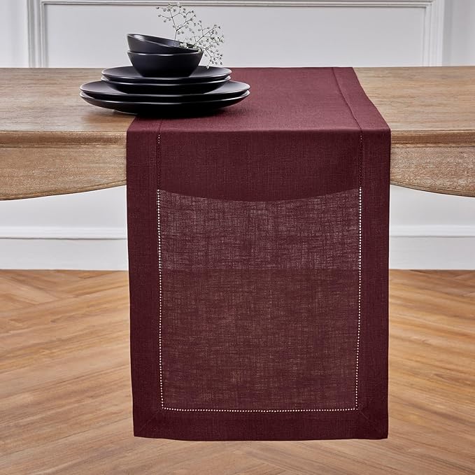 Solino Home Linen Burgundy Table Runner 108 Inches Long - 100% Pure Linen 14 x 108 Inch Table Runner for Fall, Autumn, Thanksgiving, Christmas - Classic Hemstitch