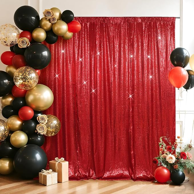 SquarePie Sequin Backdrop Curtain Less See Through Background for Wedding Christmas Party(8FT x 8FT, Red)