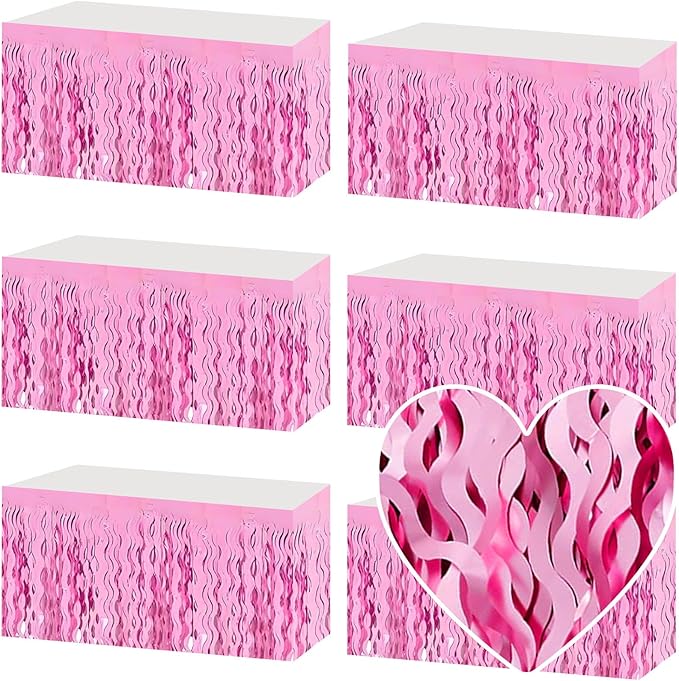 6 Pack 29x108 Inch Pink Wave Foil Fringe Table Skirts Metallic Banner for Tinsel Streamer Garland Backdrop for Parade Floats Wedding, Mother's Day, Birthday Mardi Gras Party Decorations