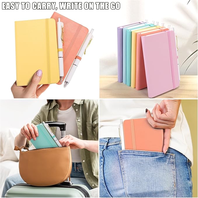 Aneco 50 Sets Pocket Notebook Journals with Pens, A6 Mini Hardcover PU Leather Lined Notebooks 3.5 x 5.5 Inch College Ruled Notepad With Pen Holder for Office School Supplies, Pastel Color