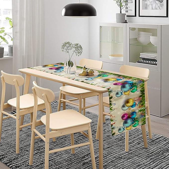Christmas Table Runner,Colorful Balls Xmas Tree Snowflake Pattern Print Tablecloth Burlap for Hotel Indoors Outdoor Dining Room Kitchen Home Decor,W13X L108 in