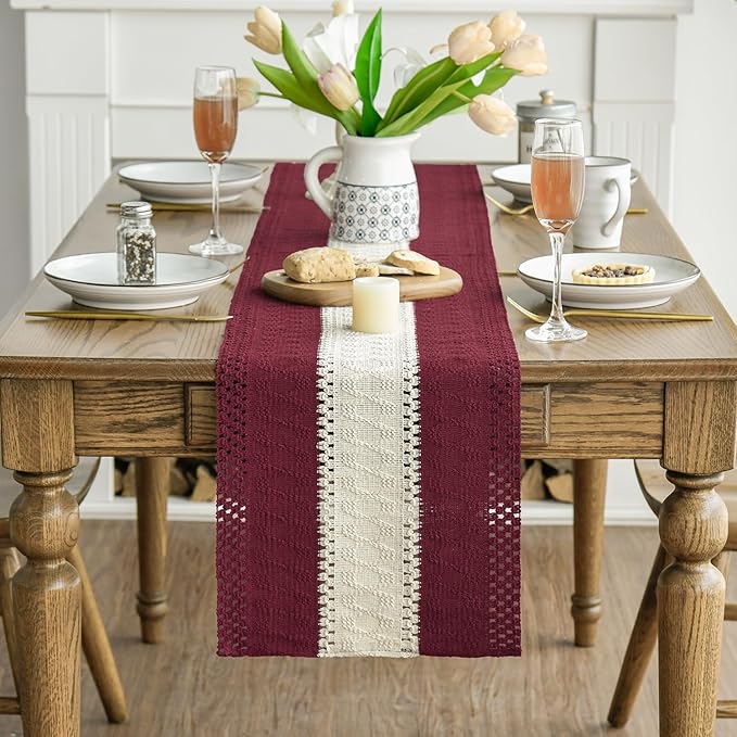 Artoid Mode Red Farmhouse Rustic Table Runner, Seasonal Hollow Kitchen Dining Table Decoration for Home Party Decor 12x60 Inch
