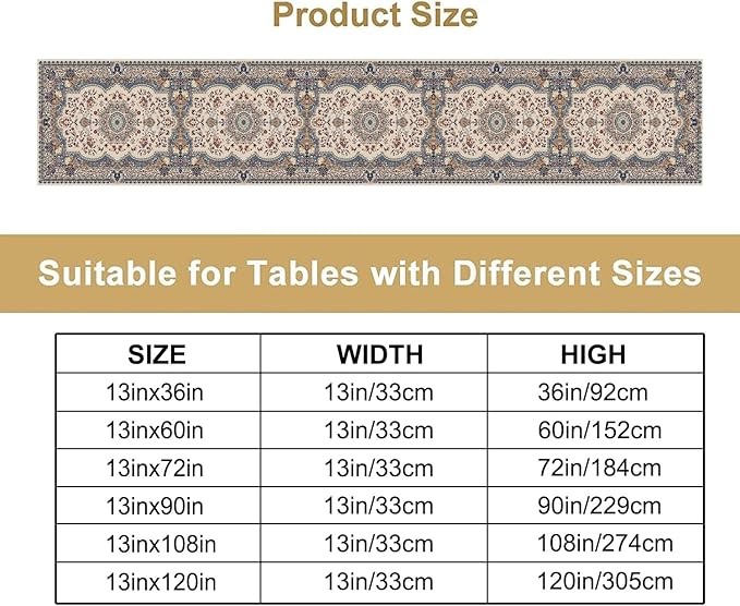 Boho Bohemia Style Table Runner, Vintage Blue Teal Gold Retro Flower Rustic Country Style Floral Print Pattern for Home Kitchen Table Decor Dining Coffee Room Garden Party Decor 13x90in