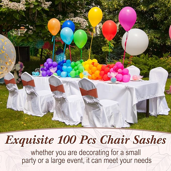 Moukeren 100 Pcs Spandex Chair Sashes Bows Bands Slider Sashes for Chair Covers Elastic Bands Ties Ribbon Decorations for Wedding Party Events Ceremony Birthday Banquet(Terracotta)