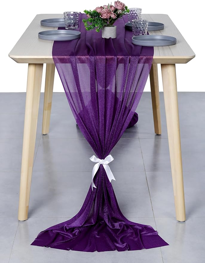 MDS 15 Pack 10ft Chiffon Table Runner 29 x 120 Inches Sheer Wedding Runner Romantic Rustic Table Runner for Wedding Decorations, Birthday Parties, Bridal Shower Party Arch Decor - Cadbury Purple