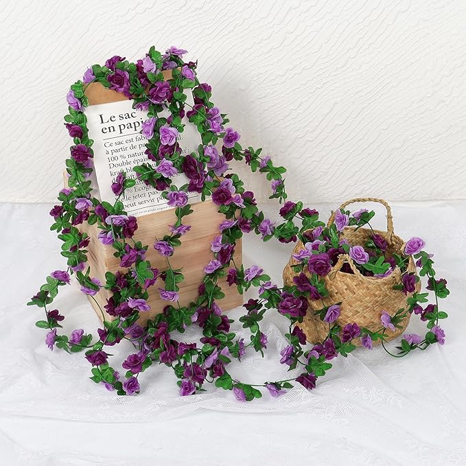 KHOYIME 5 Pack 40 FT Artificial Flower Garland, Fake Purple Roses Vines Silk Flowers Faux Plastic Outdoor Hanging Floral Ivy Garland Decoration for Wedding Arch Bedroom Home Wall Backdrop Room Decor
