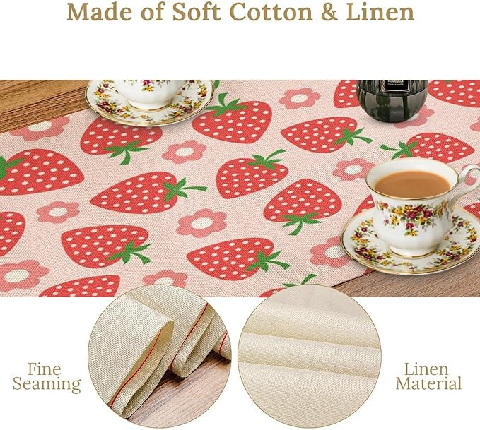 Strawberry Table Runner Spring Summer Fruit Pink Berry Forest Garden Dinner Runner for Girl Baby Shower Party Holiday Home Kitchen Dining Table Decor 13x36