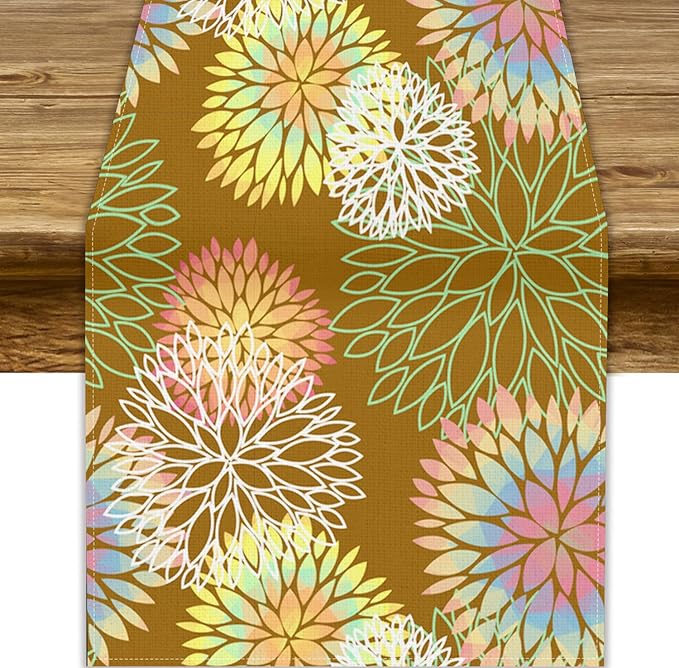 Brown Grey Dahlia Flower Table Runner, Linen Geometric Pattern Floral Table Decor Spring Farmhouse Decorations for Kitchen Dining Holiday Party Decor, 13x90 Inch
