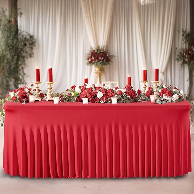 Wish Care 6 Pack Red Spandex Table Clothes for 6 Foot Rectangle Tables, 6FT Wrinkle Free Fitted Tablecloths Ruffles Design Table Cover for Party, Banquet, Wedding and Events