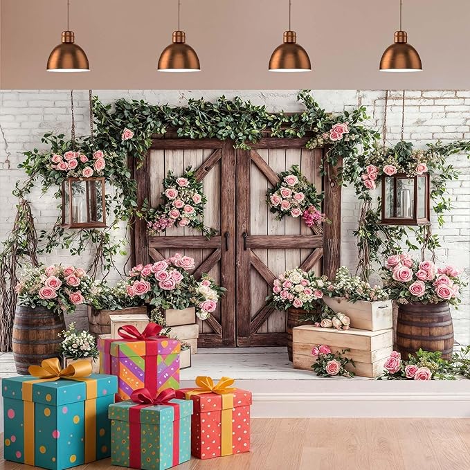 20x10ft Country Wedding Photography Backdrop Floral Rustic Roses Farmhouse Wooden Door Backdrop Pink Flower Birthday Baby Shower Wedding Bridal Party Banner Photo Booth Props Anniversary Background