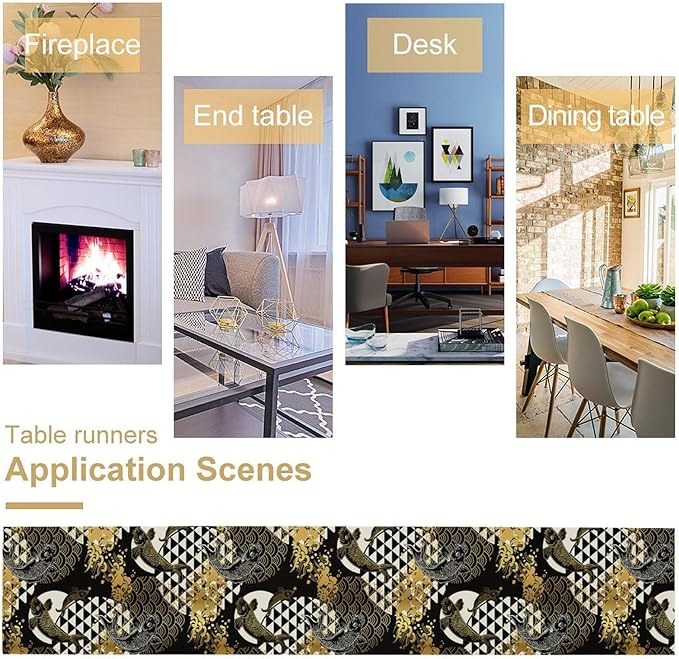 Japanese Table Runner Oriental Tradition Kio Fish Gold Art Printed Burlap Runner Home Kitchen Dining Table Living Room Decor Fabric 1 Panel W13xL70in