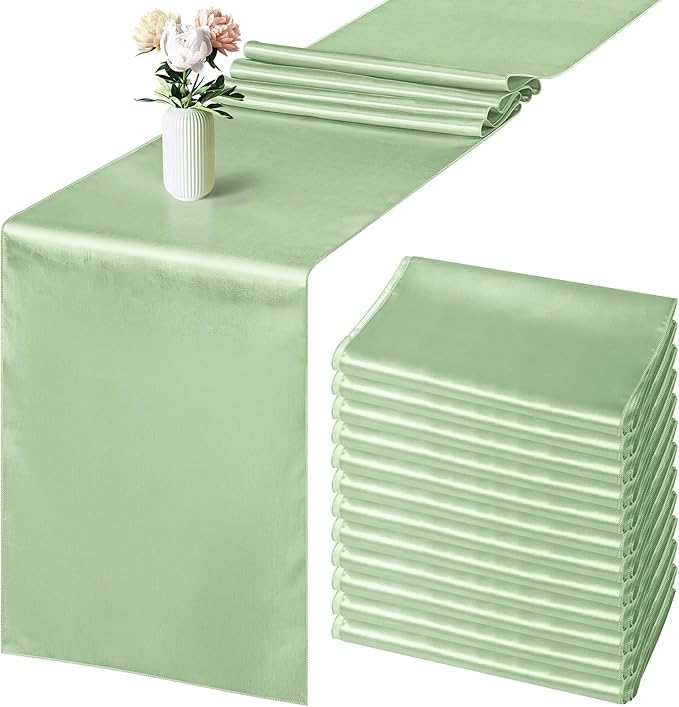 Aneco 12 Pack Satin Table Runner 12 x 108 Inch Sage Green Long Wedding Satin Silk Spring Table Runner for Wedding Banquet Graduations Birthday Party Decoration