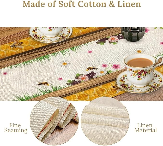 Watercolor Honeycomb Table Runner, Farmhouse Spring Summer Autumn Fall Floral Daisy Bee Print Kitchen Dining Table Decoration for Home Party Decor, 13x90inch