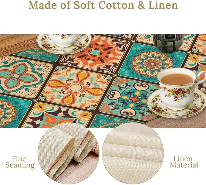 Bohemian Patchwork Table Runnerboho Colorful Tile Patchwork Indian Floral Print Table Runner for Home Kitchen Indoor Outdoor Party Wedding Decor, 13x70inch