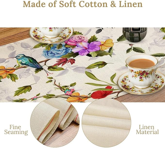 Vintage Bird Flower Table Runner Seasonal Spring Summer Garden Plants Farmhouse Country Kitchen Dinner Runner Dining Table Decoration for Home Party Holiday 13"x90"