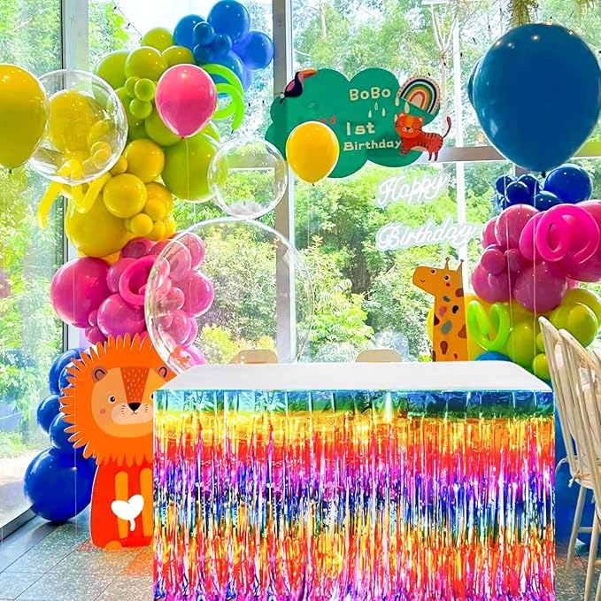 Rainbow Streamers Party Decorations, 2 Packs Gradient Rainbow Table Skirts Metallic Foil Fringe Tinsel for Birthday Unicorn Pride Gay Fiesta Graduation Float Parade Party Supplies - 29x108 Inch