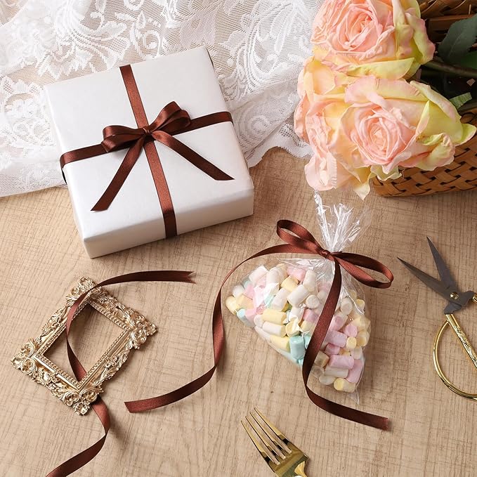 LaRibbons Brown Satin Ribbon 3/8 Inch 50 Yards Thin Luxury Double Faced Firar Brown Silk Ribbon for Flower Bouquet Crafts Gift Wrapping Wedding Christmas Decoration