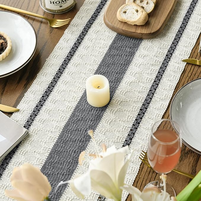 Artoid Mode Dark Grey Farmhouse Woven Rustic Table Runner, Seasonal Holiday Hollow Kitchen Dining Table Decoration for Home Party Decor 12x108 Inch