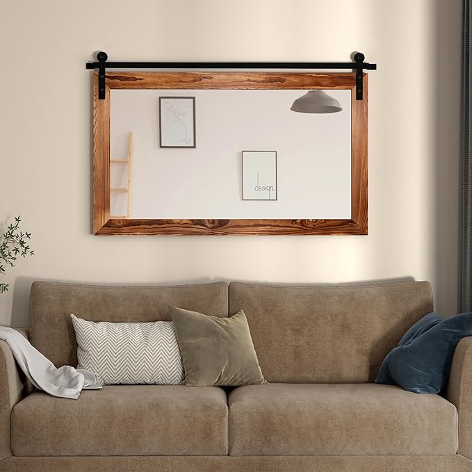 COGOOD Farmhouse Barn Door Mirror - 41" x 26" Rustic Wood Framed Wall Mirror for Bathroom, Living Room, Bedroom Wall Decor (Brown)