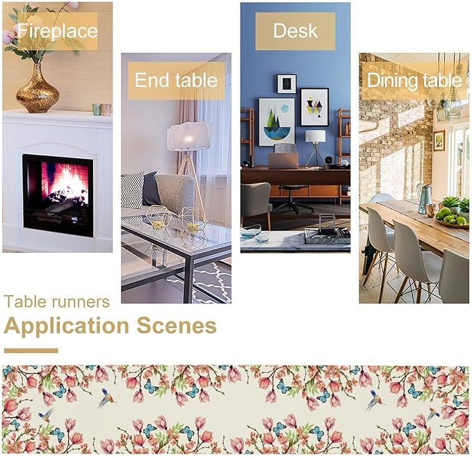 Flowers Table Runner,Floral Bird Butterfly Spring Table Cloth Kitchen Dining Table Home Party Decoration 13x120 Inch