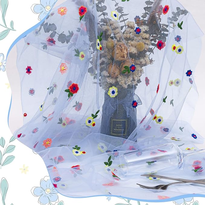 BINBE 12pcs Daisy Fall Table Runner Embroidery Gauze 10FT Florals Seasonal Tulle Holiday Birthday Kitchen Dining Table Decor for Home Party Blue