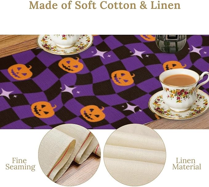 Halloween Table Runner,Purple Checkered Pumpkin Table Runner for Kitchen Dining Table Decoration Home Party Decor 13x36 Inch