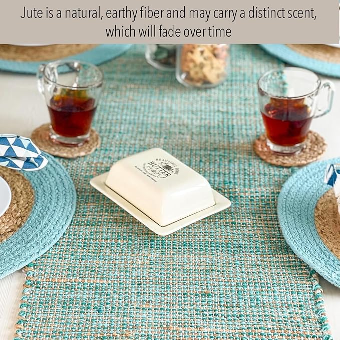 Chardin home Natural Jute Table Runner 13x90 Inch – Vintage Boho Rustic Table Decor – Handwoven Table Runner in Natural Jute and Aqua Turquoise – Farmhouse Dining or Console Table Accent