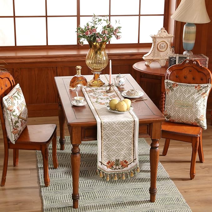 patdrea Designer Elegant French Floral Velvet Table Runner 71 Inch Long, Green with Orange Blossoms Pattern Table Mat, Decor for Kitchen Dining Coffee Table Cabinet Banquet Thanksgiving,12"*71"