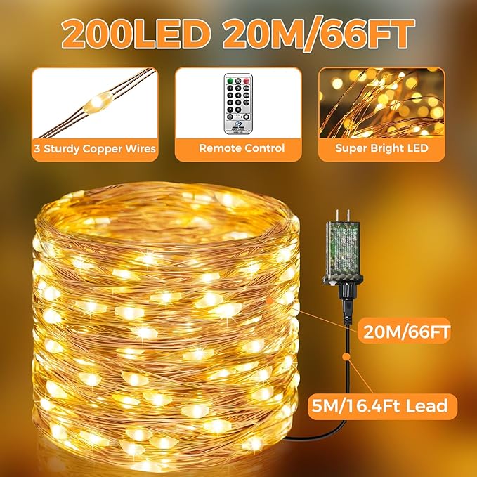 btfarm Fairy Lights Plug in with Remote, 66FT 200 LED Outdoor Twinkle Lights Waterproof with Timer, 8 Modes Indoor String Lights for Bedroom Patio Garden Wedding Christmas Decoration, Warm White