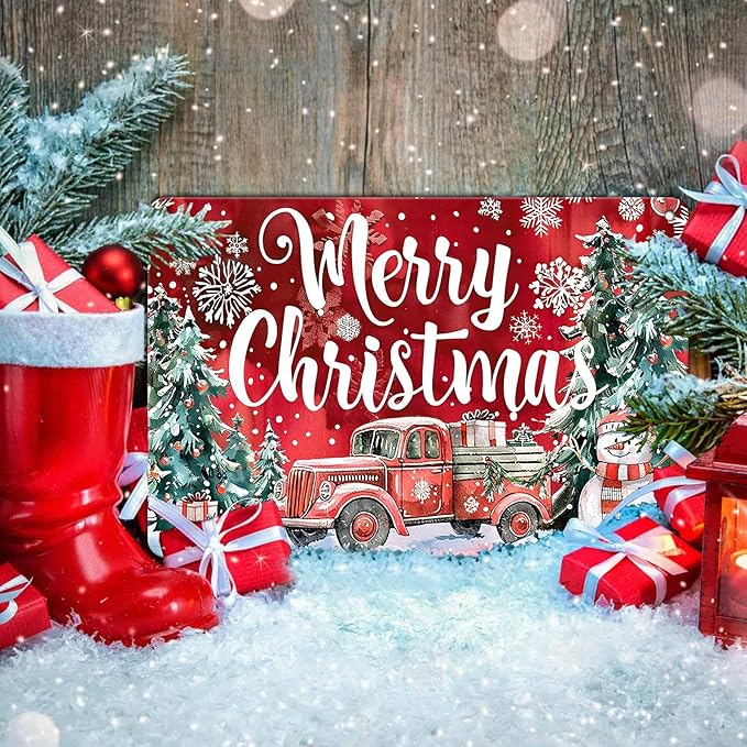Christmas Truck Metal Tin Sign Merry Christmas Sign Funny Snowman Tin Sign Christmas Tree House Decoration for Indoor Home House Decor Party Supplies 8x12Inch