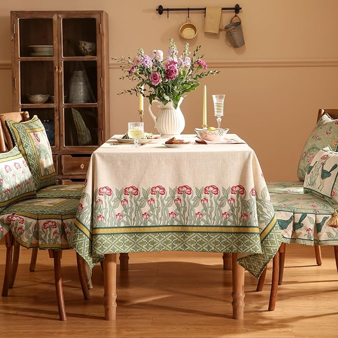 patdrea Designer Green Table Cloth for Square Table,Vintage Linen Leaves Pattern Breathable Tablecloth,Floral Cover Decor for Kitchen Dining Christmas,Thanksgiving,67"x67"-Cecilia D