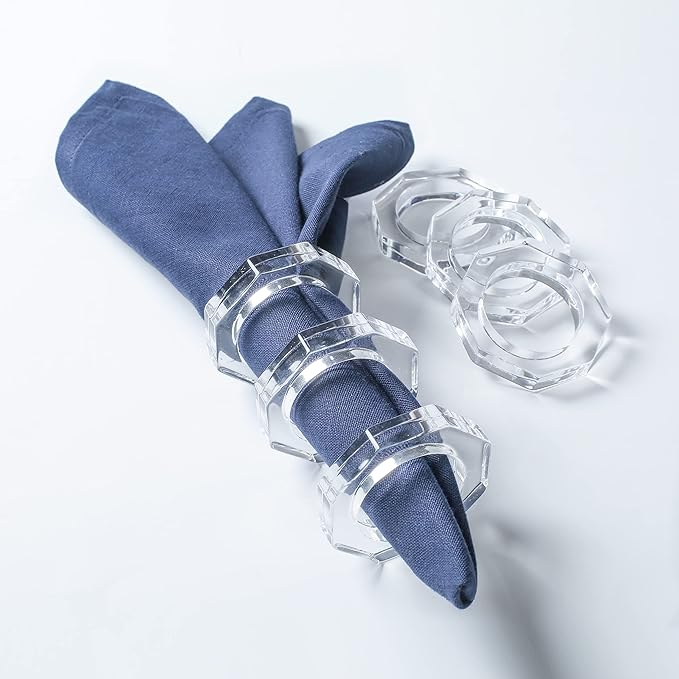 Acrylic Napkin Rings Set of 8 - Octagon Transparent Design for Christmas, Thanksgiving, Holiday Table Decor - Durable Crystal Napkin Holders for Dinner Parties & Everyday Use (Opaque) - CLEENTABLE