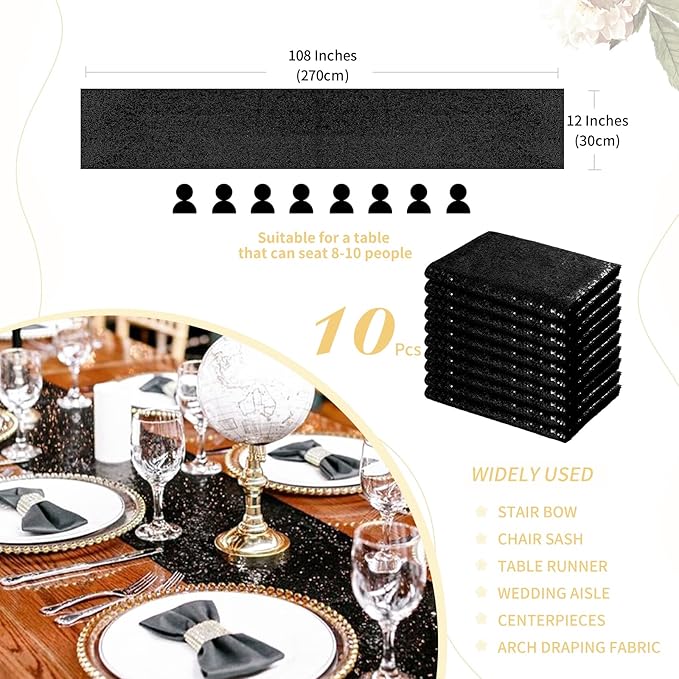 Black Table Runners Sparkly Halloween Table Runner 10 Packs 12x108 Inches Glitter Sequin Fabric for Birthday Party Holiday Supplies Decorations