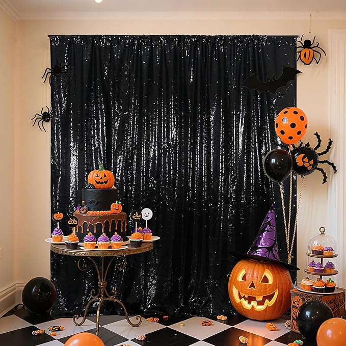 Poise3EHome 10Ft x 10Ft Black Sequin Backdrop Curtain, Glitter Thick Satin Background Drapes, Sparkly Opaque Photography Curtain, Sequence Xmas Thanksgiving Backdrop for Wedding Party Decor