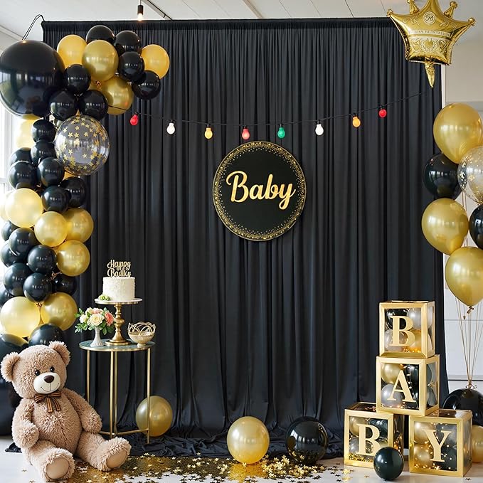 40x12ft Wrinkle Free Black Backdrop Curtain for Wedding Parties, 8 Panels 5×12 ft Long Soft Silky Polyester Fabric Backdrop Drapes Black Photo Back Drop Curtains for Party Photography Background Cloth