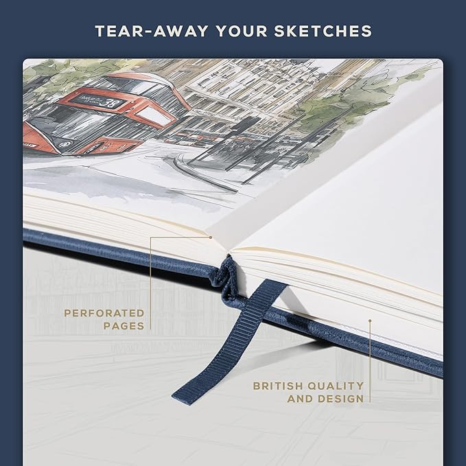 Beechmore Books A4 Sketchbook – 8.5x11 Premium Vegan Leather Bound Large Sketch Book Hardcover with 156 Thick 160gsm Perforated Ivory Pages, Blank Sketch Pad, Gift Boxed, Back Pocket, Ribbon Bookmark
