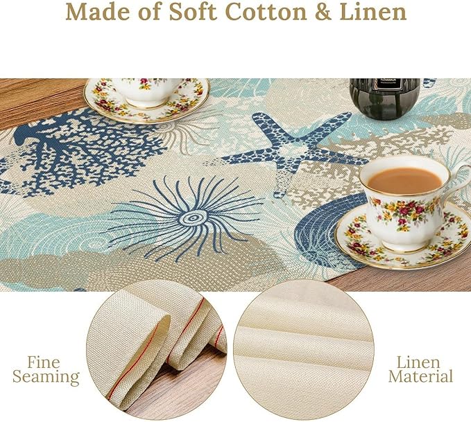 Nautical Coastal Table Runner，Ocean Themed Starfish Coral Conch Beach Kitchen Dinning Table Decoration for Indoor Outdoor Home Party Decor 13x120 Inch