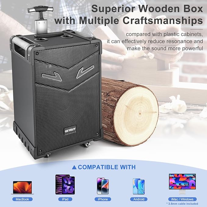 GTSK10-3 3-Way Portable Bluetooth PA Speaker with Wireless Microphones, 10" Subwoofer, Party Speaker with DJ Lights, USB/FM/TWS/Guitar Input, Rechargeable for Outdoor Events