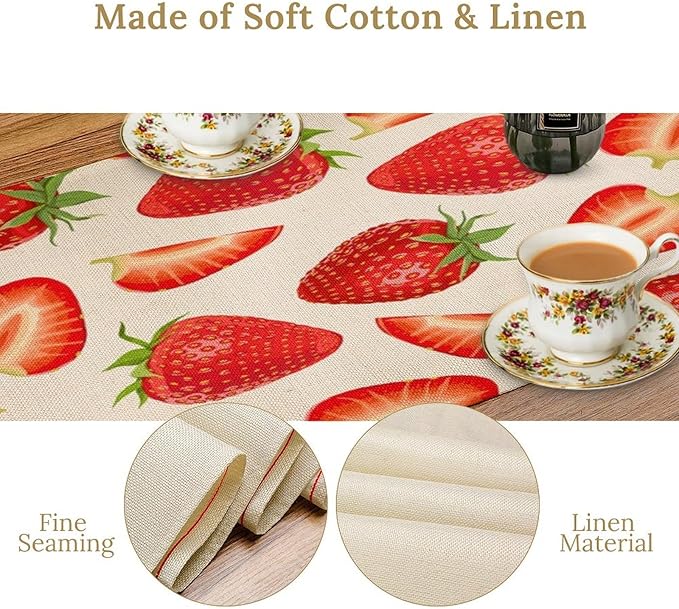 Strawberry Table Runner Spring Summer Wild Berry Fruit Theme Dinner Runner for Girl Baby Shower Party Holiday Home Kitchen Dining Table Decor 13x90