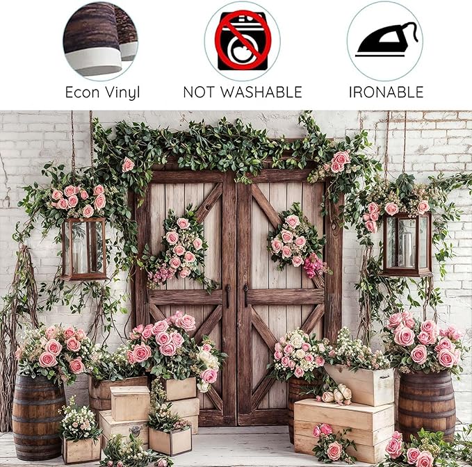 7x5ft Country Wedding Photography Backdrop Floral Rustic Roses Farmhouse Wooden Door Backdrop Pink Flower Birthday Baby Shower Wedding Bridal Party Banner Photo Booth Props Anniversary Background