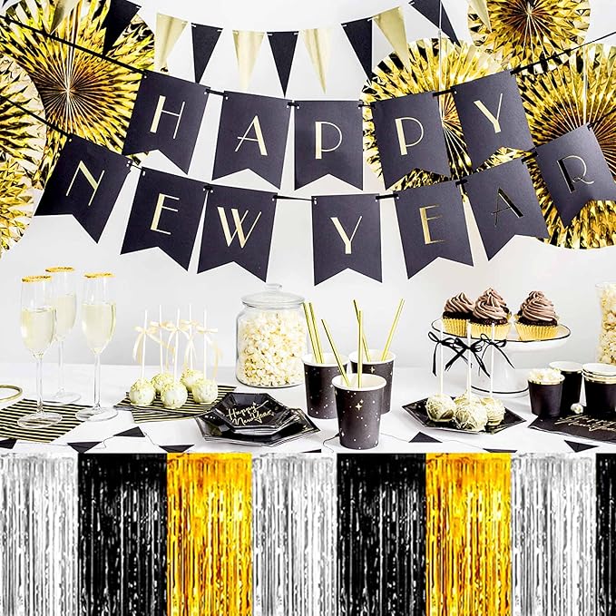 3 Pack Black Gold Silver Foil Fringe Table Skirts Metallic Tinsel Streamers Garland Banner Backdrop for Table Decor, Parade Float, Birthday, Wedding, Halloween, Christmas Party Decorations(29x108 In)