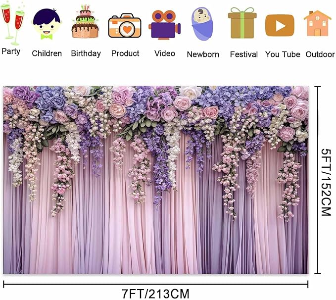 5x3ft Purple Flower Wedding Photography Backdrop Lavender Floral Wedding Bridal Photography Backdrop Anniversary Birthday Baby Shower Girl Party Banner Photo Booth Props Background Wall Decor