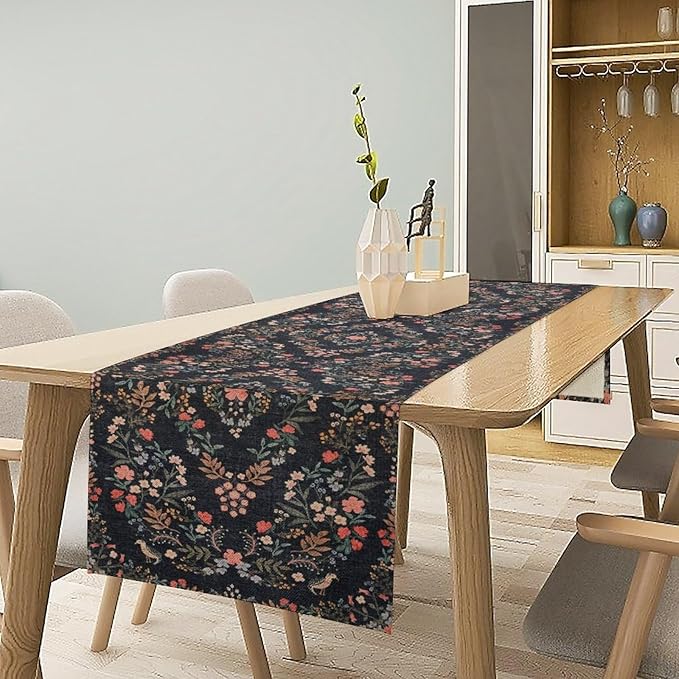 Morris Flower Table Runner, Vintage Blue Floral Rustic Country Style Floral Print Pattern for Home Kitchen Table Decor Dining Coffee Room Garden Party Decor 13x108in