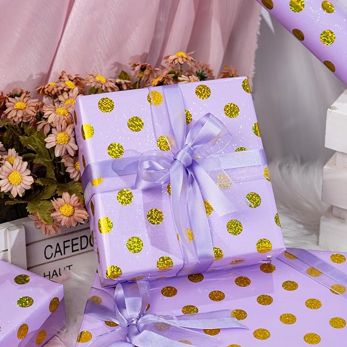 Burymento Purple Holographic Dots Wrapping Paper, Reversible Gold Gift Wrap for Birthday, Valentines, Mothers day, Graduation, Wedding, Fathers day, Baby Shower, Christmas (17in x 16.4ft)