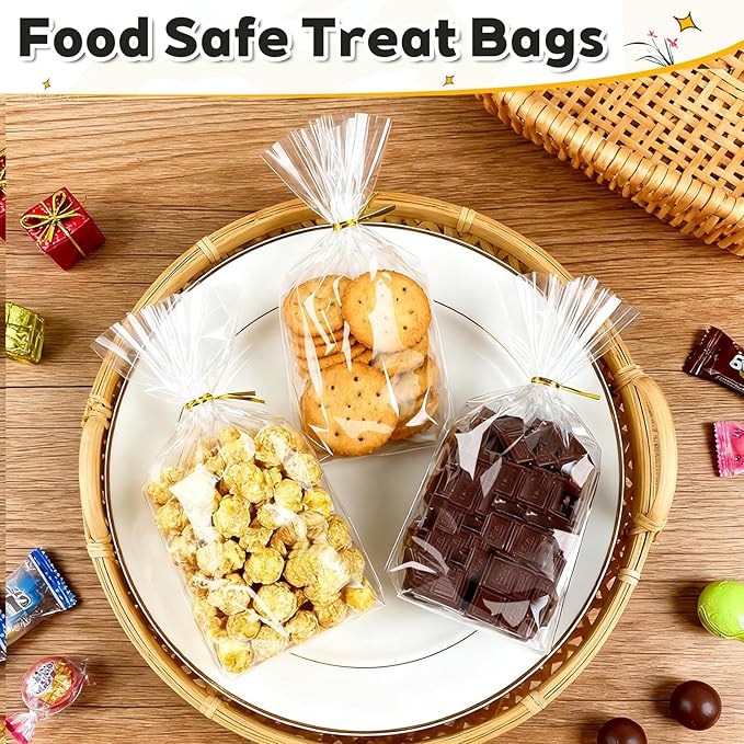 PigPotParty Cellophane Treat Bags 7"x10", 50 Pack Clear Goodie Bags, 3.2" Bottom Gusset for Stand-Up Display, Small Plastic Gift Wrap for Cookies, Candy, Party Favors, Popcorn, Includes 50 Gold Ties