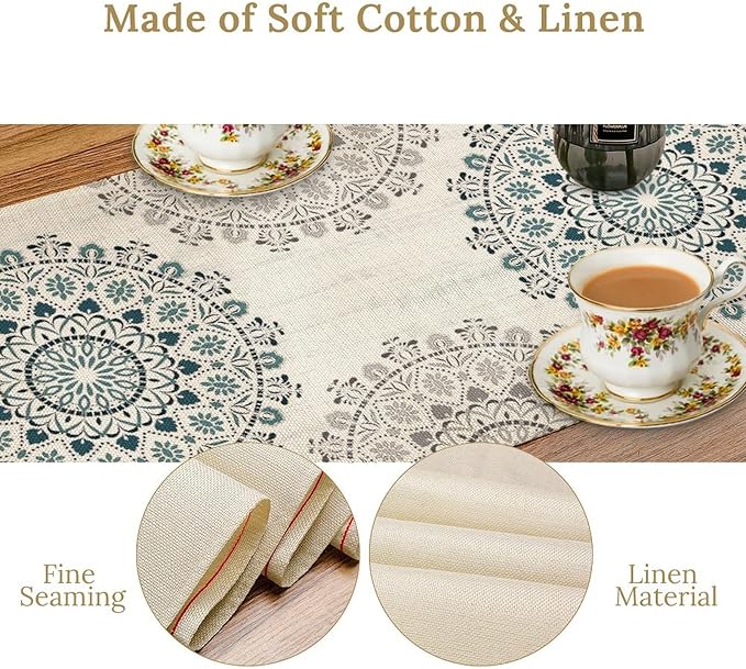 Boho Flower Table Runner, Bohemian Turquoise Mandala White Teal Floral Kitchen Dining Table Runners for Indoor Outdoor Home Party Holiday Decor, 13x36inch