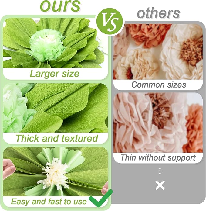 SUNBEAUTY 4 PCS 20" Sage Green Giant Paper Flowers Large Crepe Paper Tissue Flowers Artificial Decorations for Spring Summer Wall Backdrop Birthday Party Wedding Baby Shower Bridal Decorations